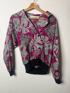 Diane Von Furstenberg Magenta and Black Graphic Floral Blouse